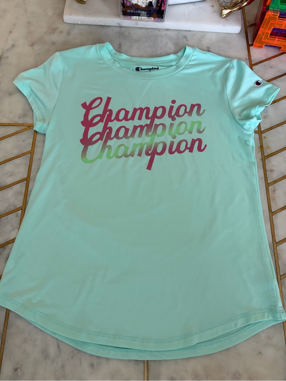 Champion Mint Short Sleeve Tee with Pink and Green Logo